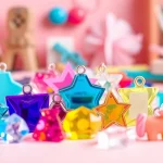 Showcase colorful acrylic charms with intricate designs in a bright, inspiring setting