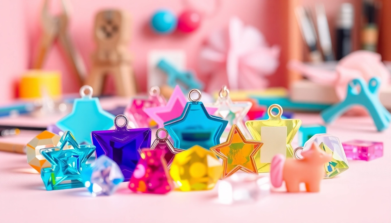 Showcase colorful acrylic charms with intricate designs in a bright, inspiring setting