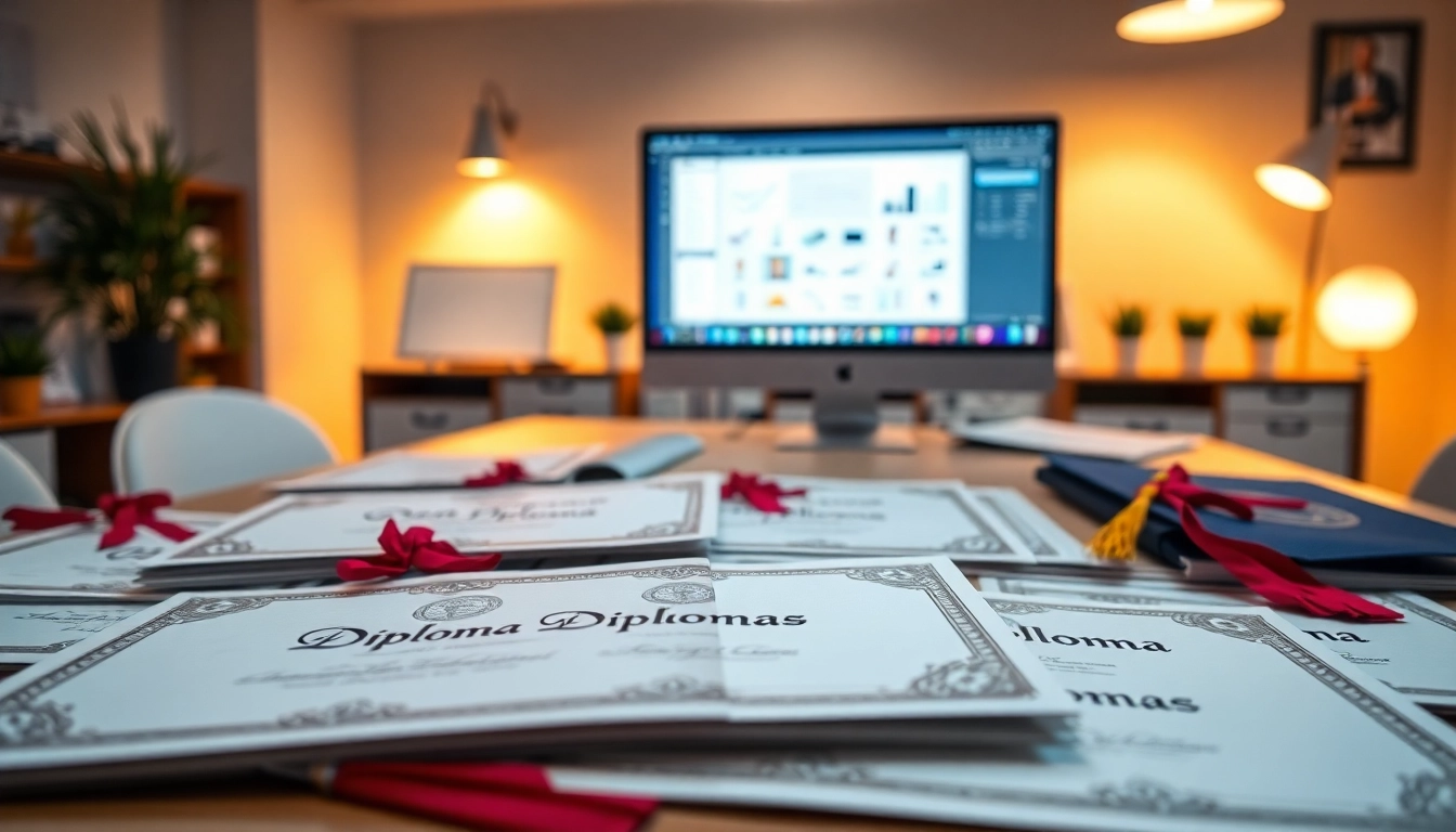 Showcase of the best fake diplomas in a well-lit design studio, emphasizing quality and customization.