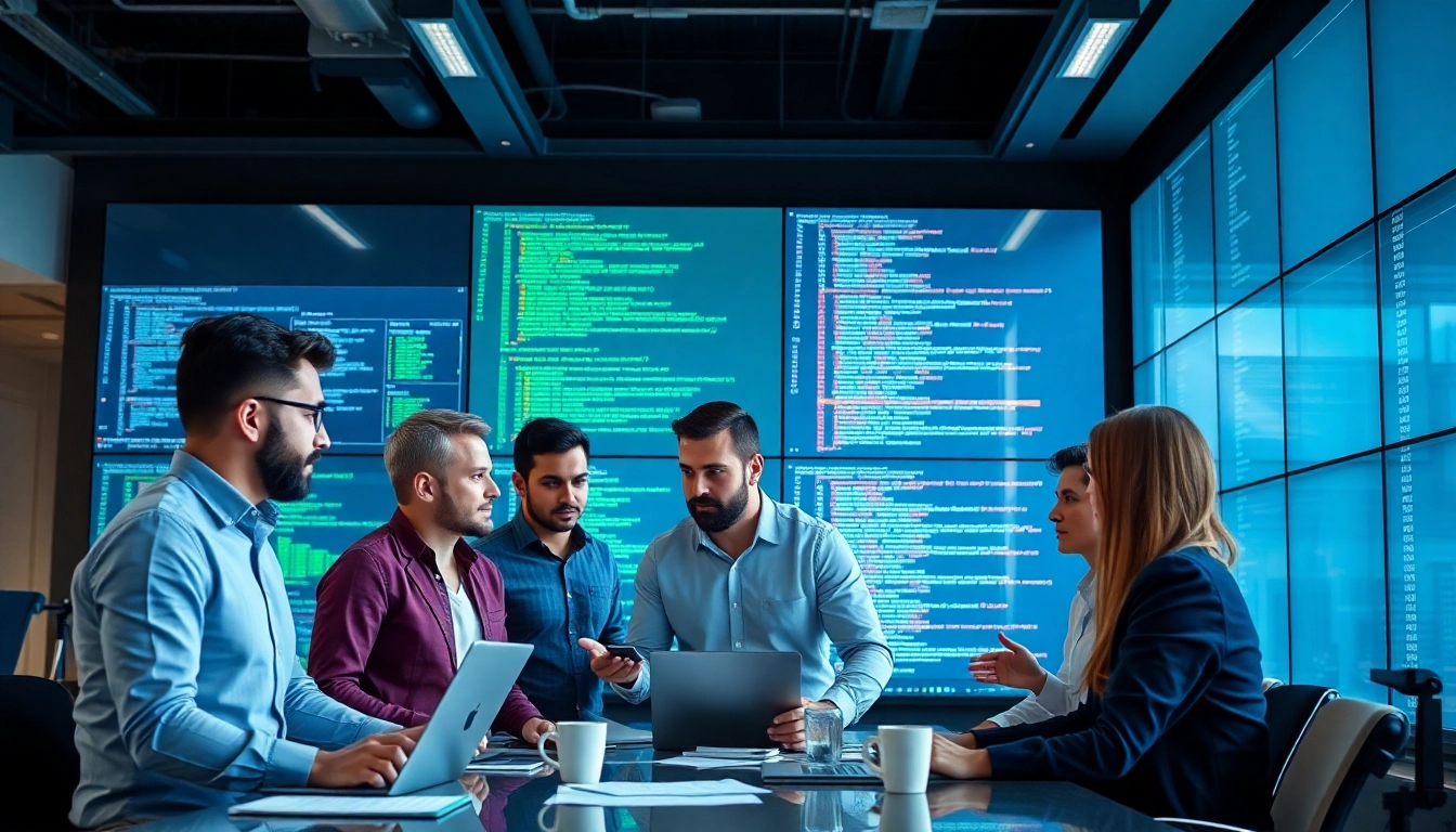 Site reliability engineering experts collaborating in a high-tech workspace.