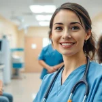 Highlighting the Alabama Board of Nursing, a dedicated nurse interacting with patients in a professional hospital environment.