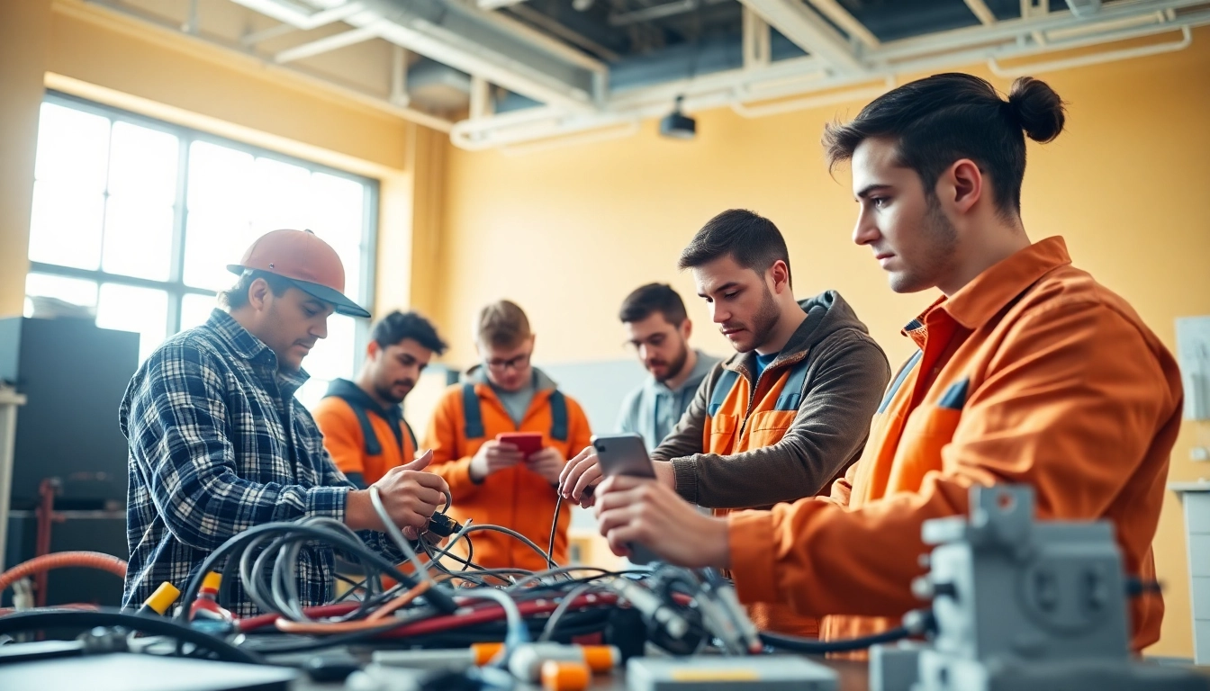 Electrician trade school Colorado training session showcasing engaged apprentices with tools and equipment.