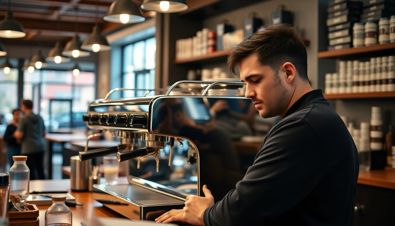 Cimbali servisi technician repairing a commercial espresso machine with expert precision in a café setting.
