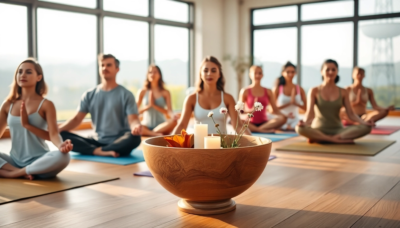 Participants practicing yoga mantras in a peaceful studio with warm lighting and a serene atmosphere.