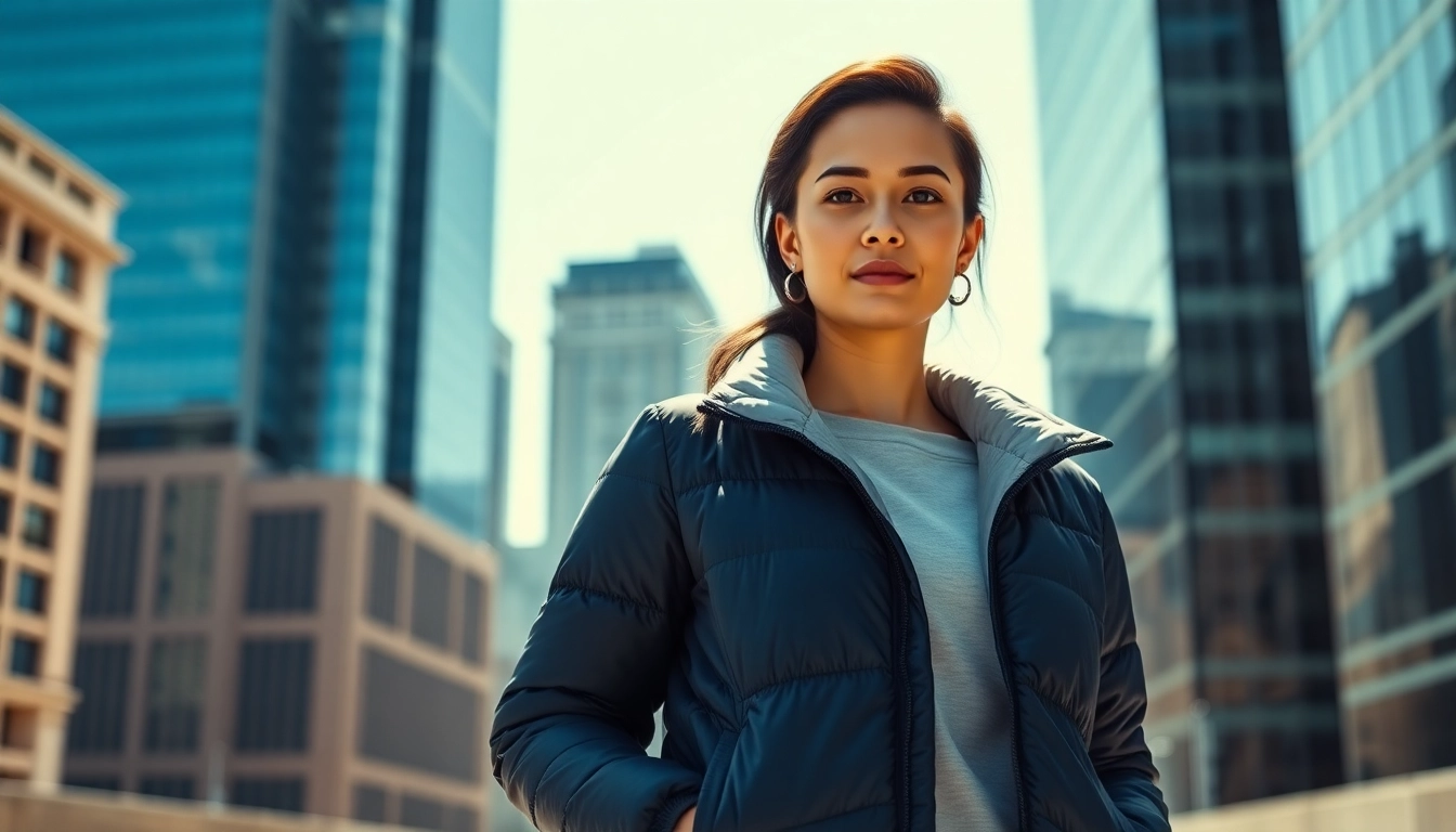 Woman confidently showcasing her stylish puffer jacket for women in an urban setting.