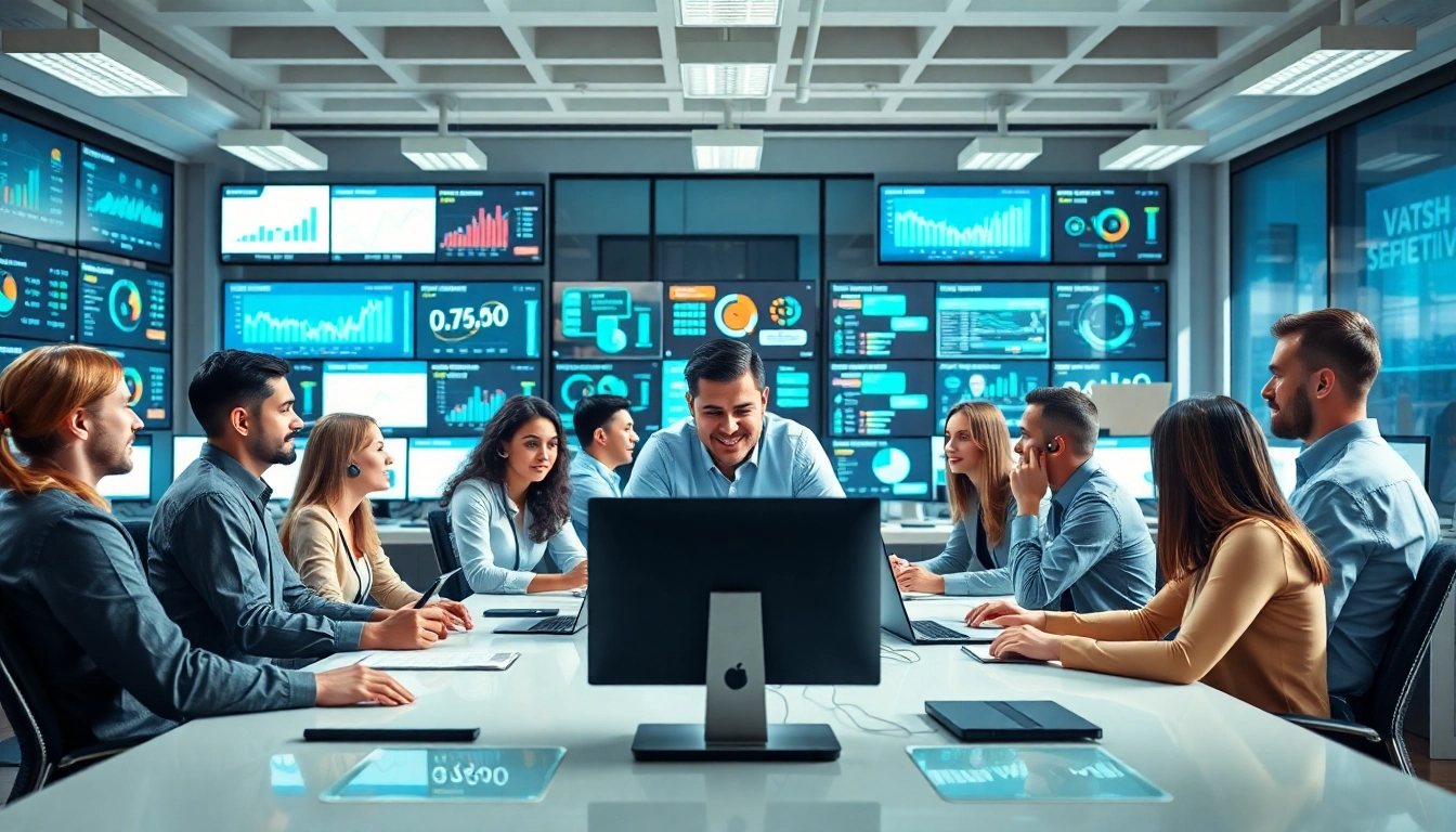 Engaging team showcasing Outsource Call Center Services in a vibrant call center environment.