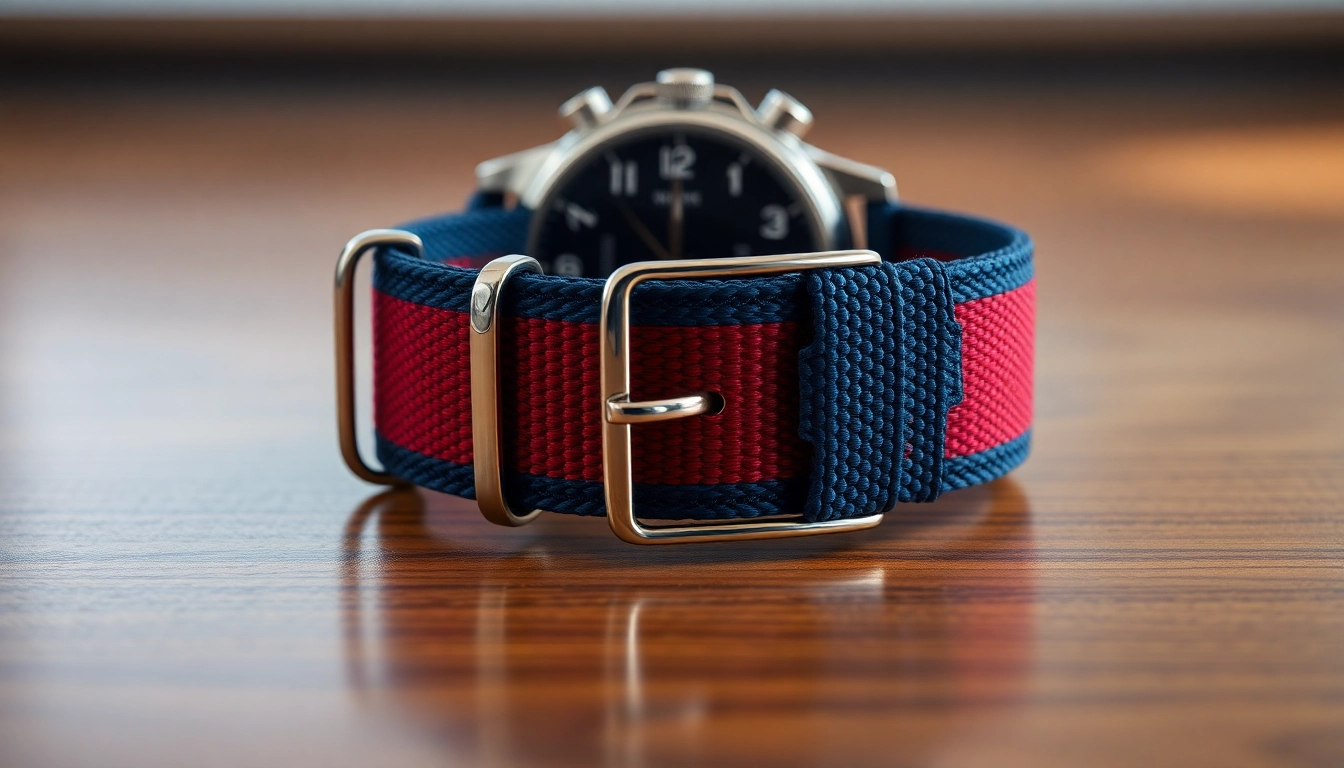 Stylish NATO straps UK in close-up showcasing colors and textures on a wooden surface.