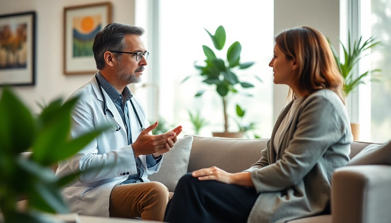 Psychiatrist attentively consulting with a patient in a tranquil office.