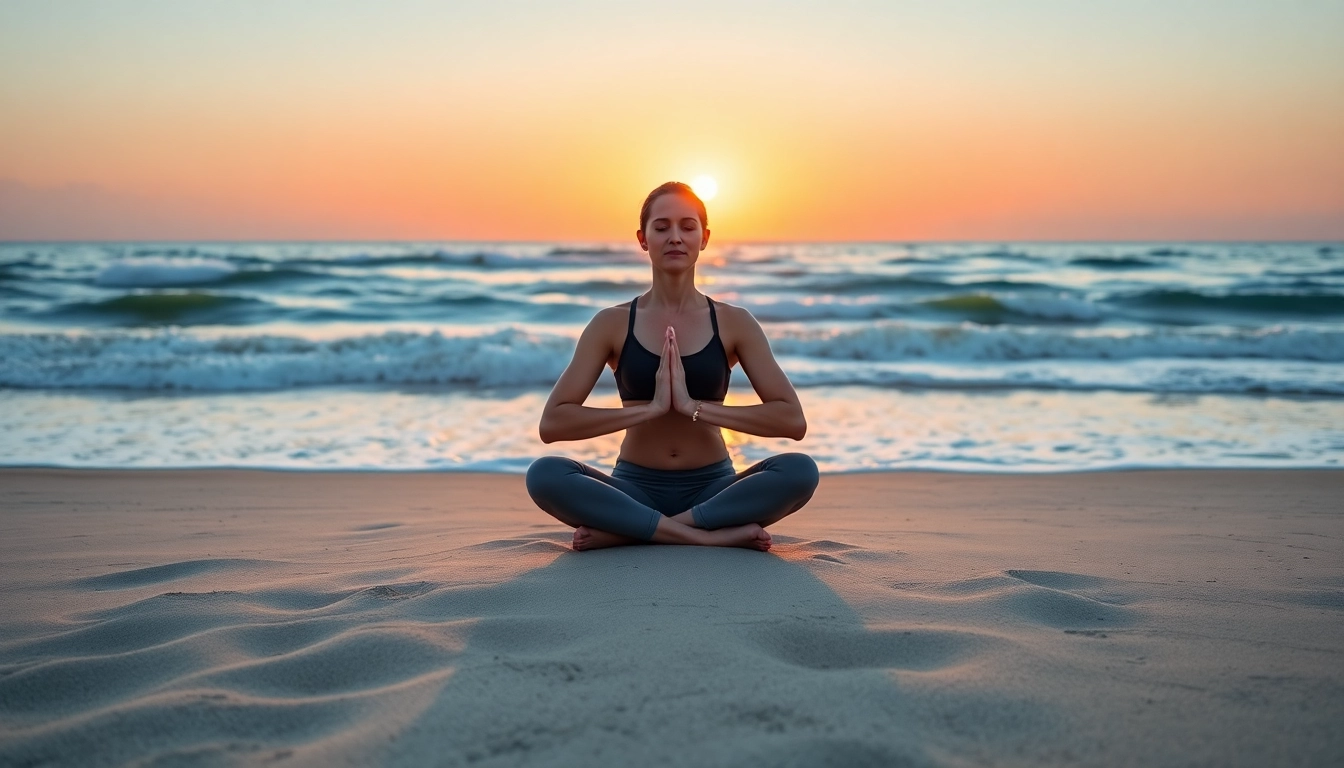 Practicing yoga to assist in dealing with anxiety on a serene beach at sunset.