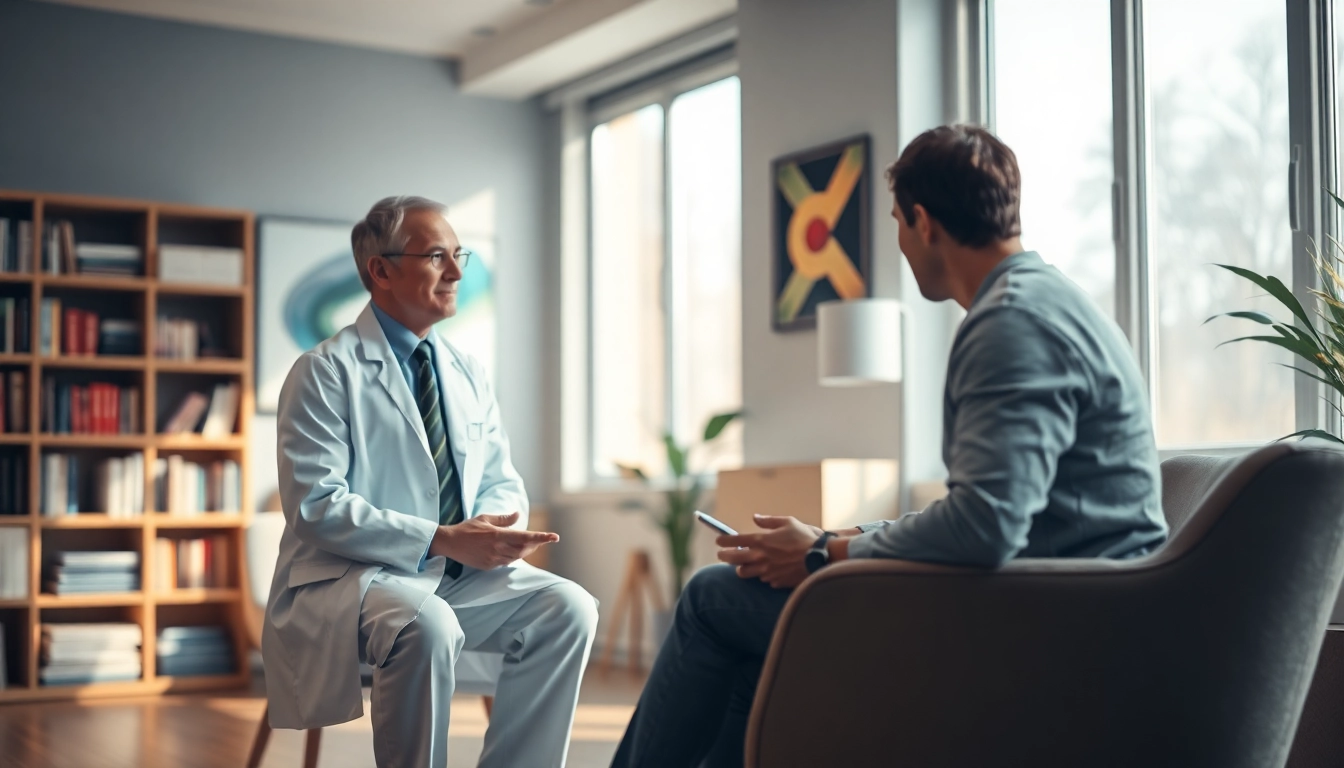 Psychiatrist engaged in an empathetic conversation with a client in a serene office setting.