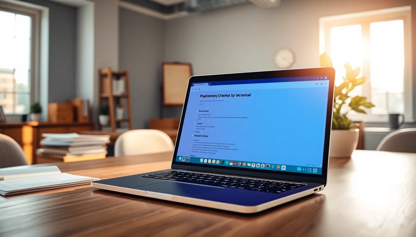 Utilize a plagiarism checker tool displayed on a stylish laptop in a bright office.