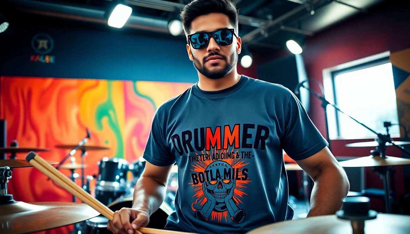 Showcase of stylish drummer shirts featured on a passionate drummer in a vibrant studio.