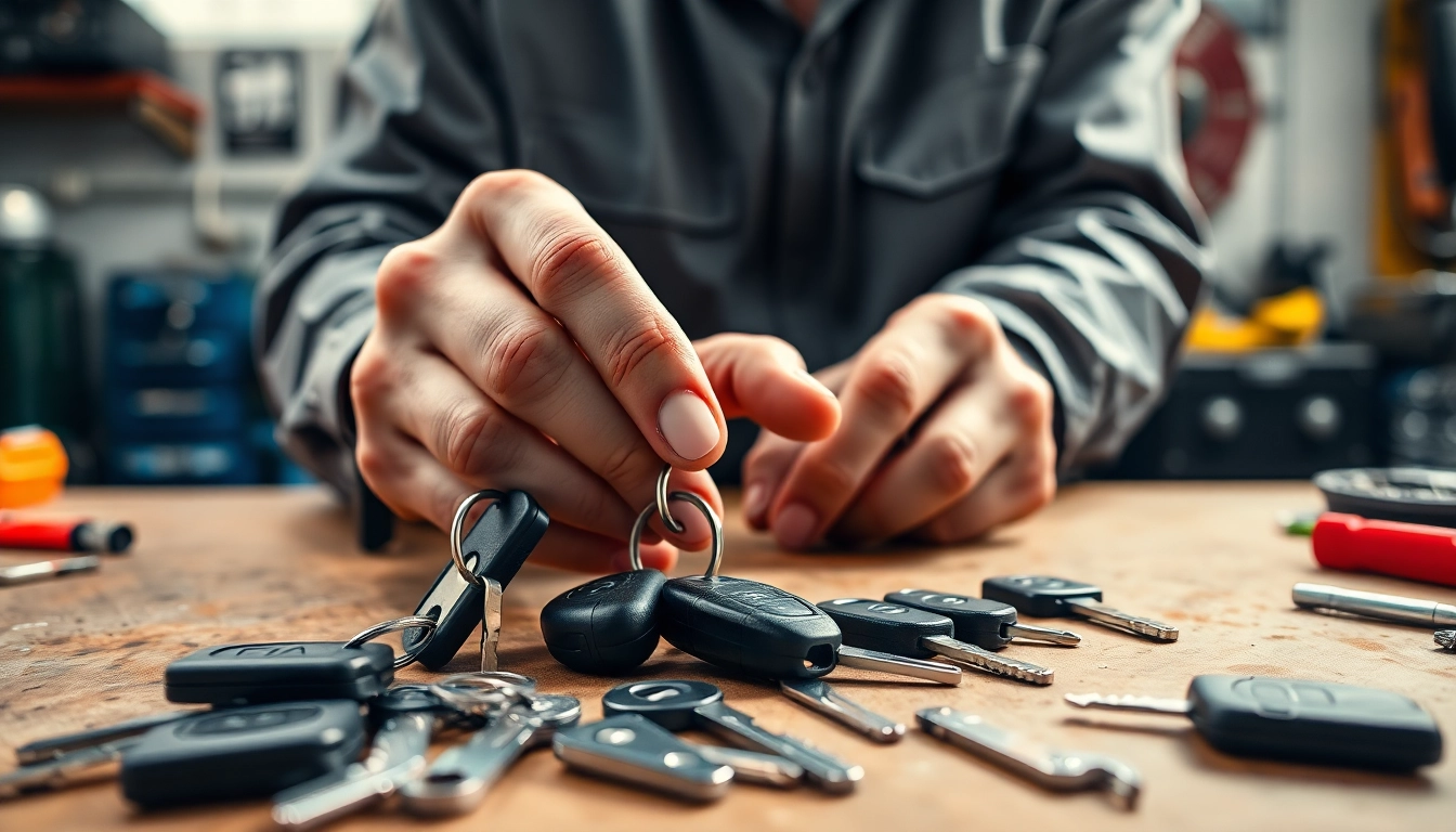 Crafting Replacement Car Keys with precision by a professional locksmith in a workshop setting.