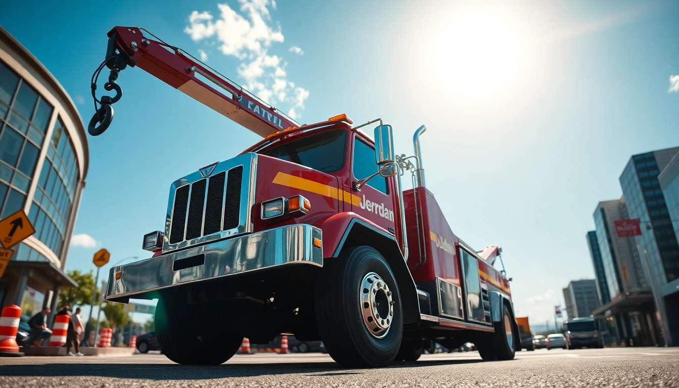 Jerr Dan tow truck performing a rescue operation in a busy urban environment.