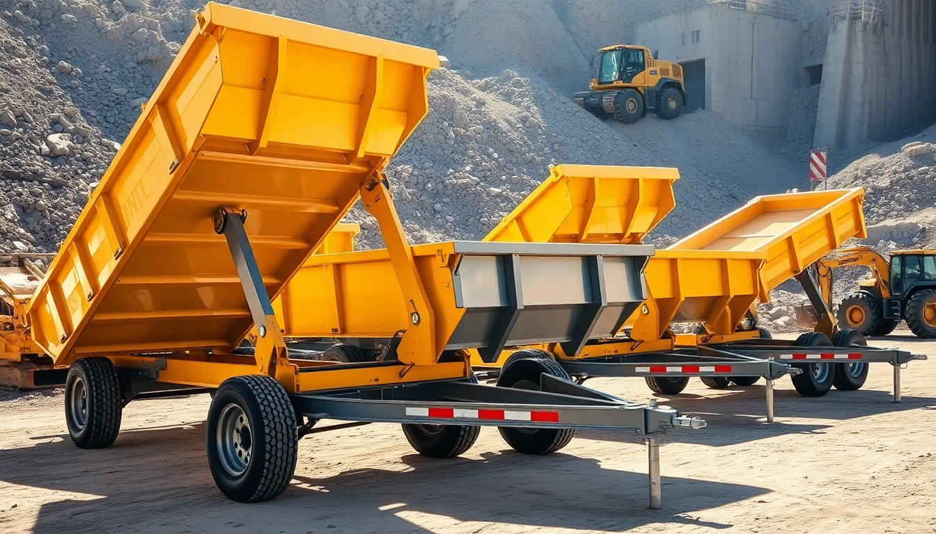 Showcasing hydraulic dump trailers for sale with robust features and bright colors on a construction site.