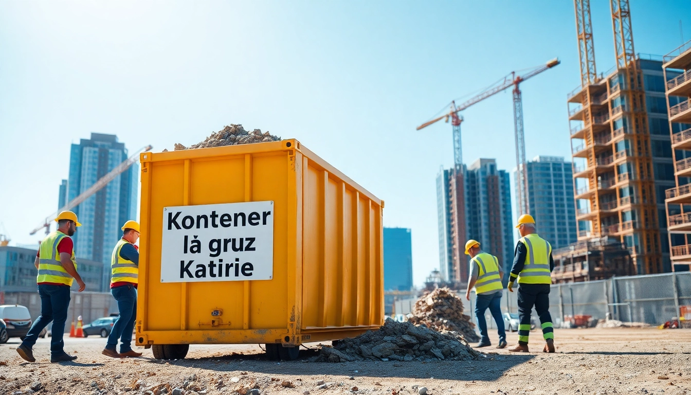 Kontener na gruz Katowice w miejskim placu budowy, z pracownikami zajmującymi się odpadami.
