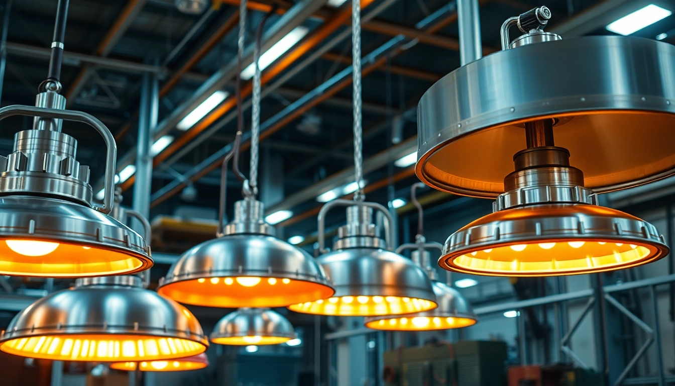 Industrial heat lamps enhancing efficiency in an industrial workspace.