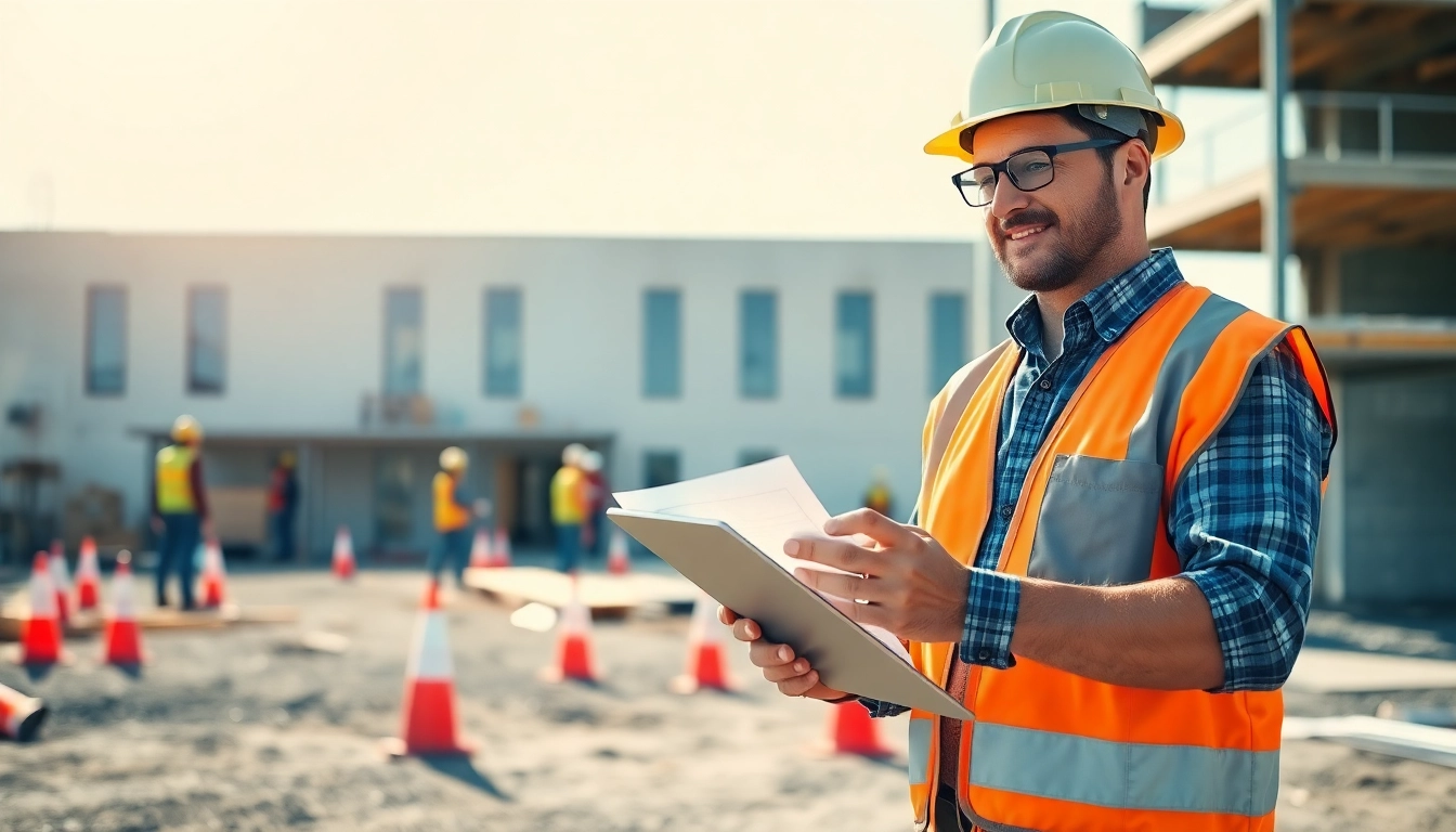 New Jersey General Contractor guiding a construction project with blueprints and workers on-site.