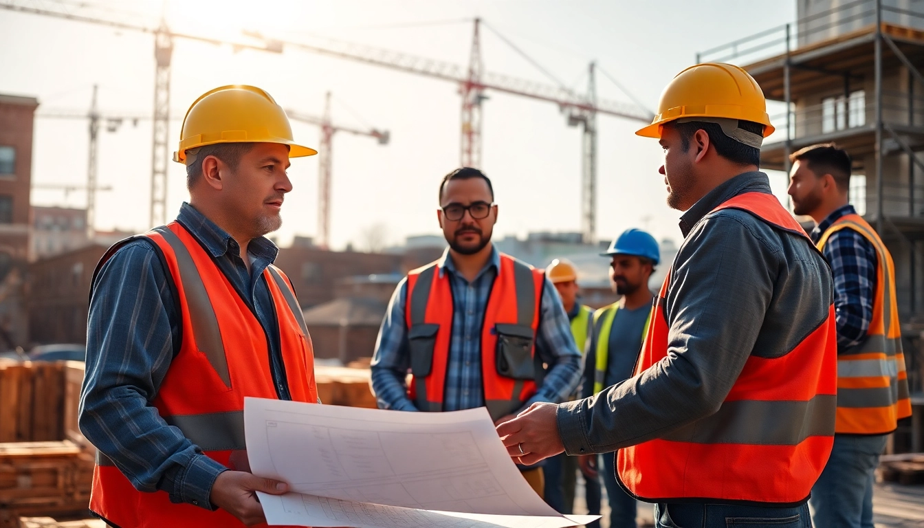 New Jersey General Contractor overseeing a construction project with a diverse team and blueprints.