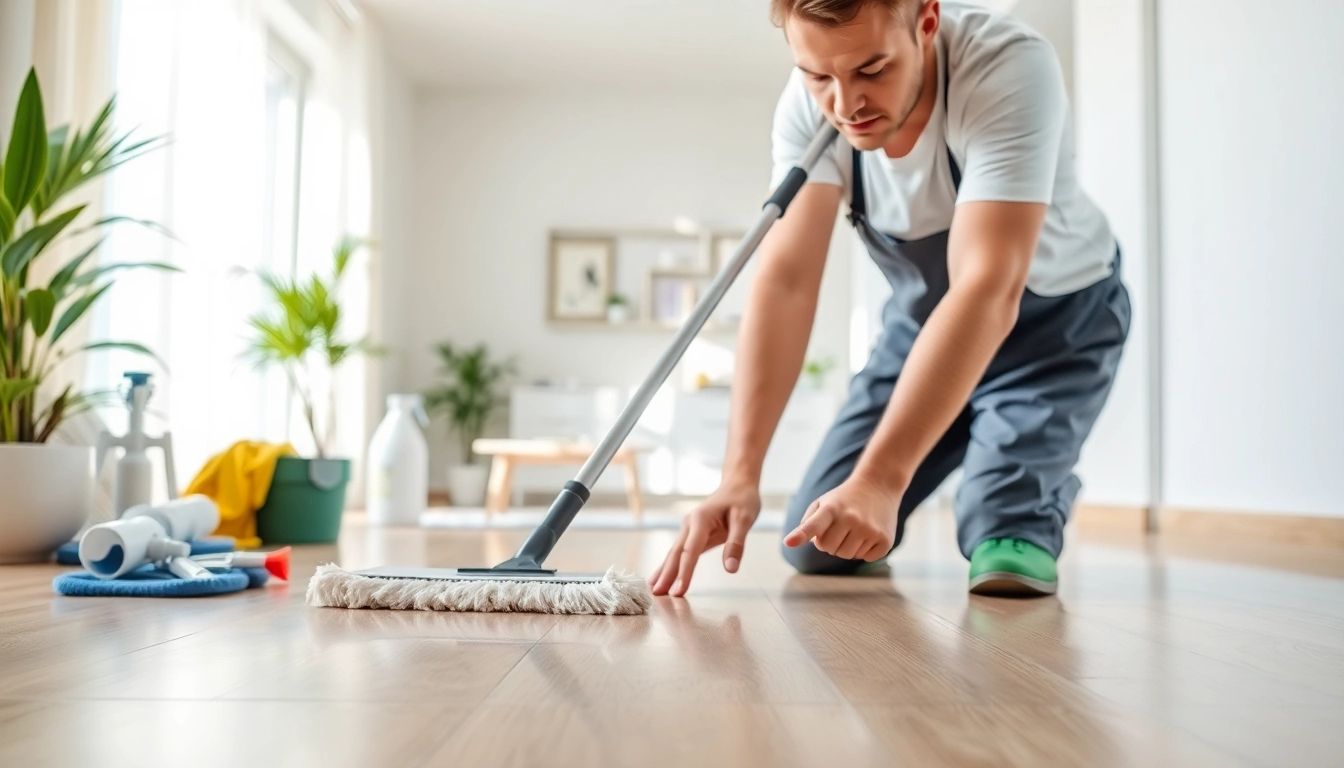 Bond cleaning technician scrubbing floors in a modern, bright apartment.