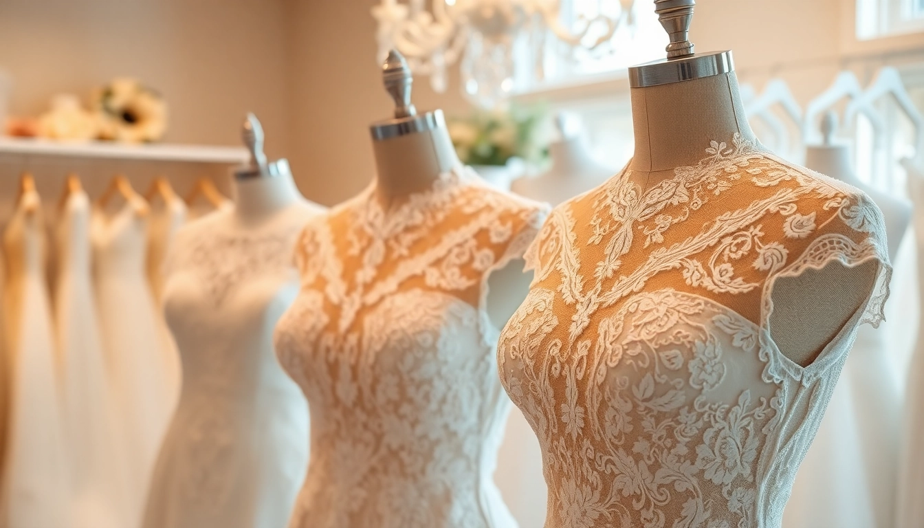 Elegant display of Lace Wedding Dresses showcasing intricate designs and textures in a bridal boutique.