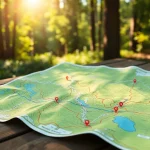 Explore a detailed trail map highlighting various hiking routes and landmarks surrounded by nature.