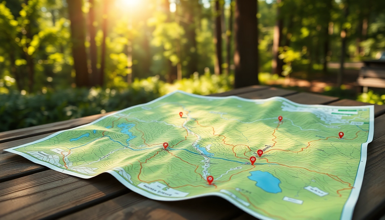 Explore a detailed trail map highlighting various hiking routes and landmarks surrounded by nature.