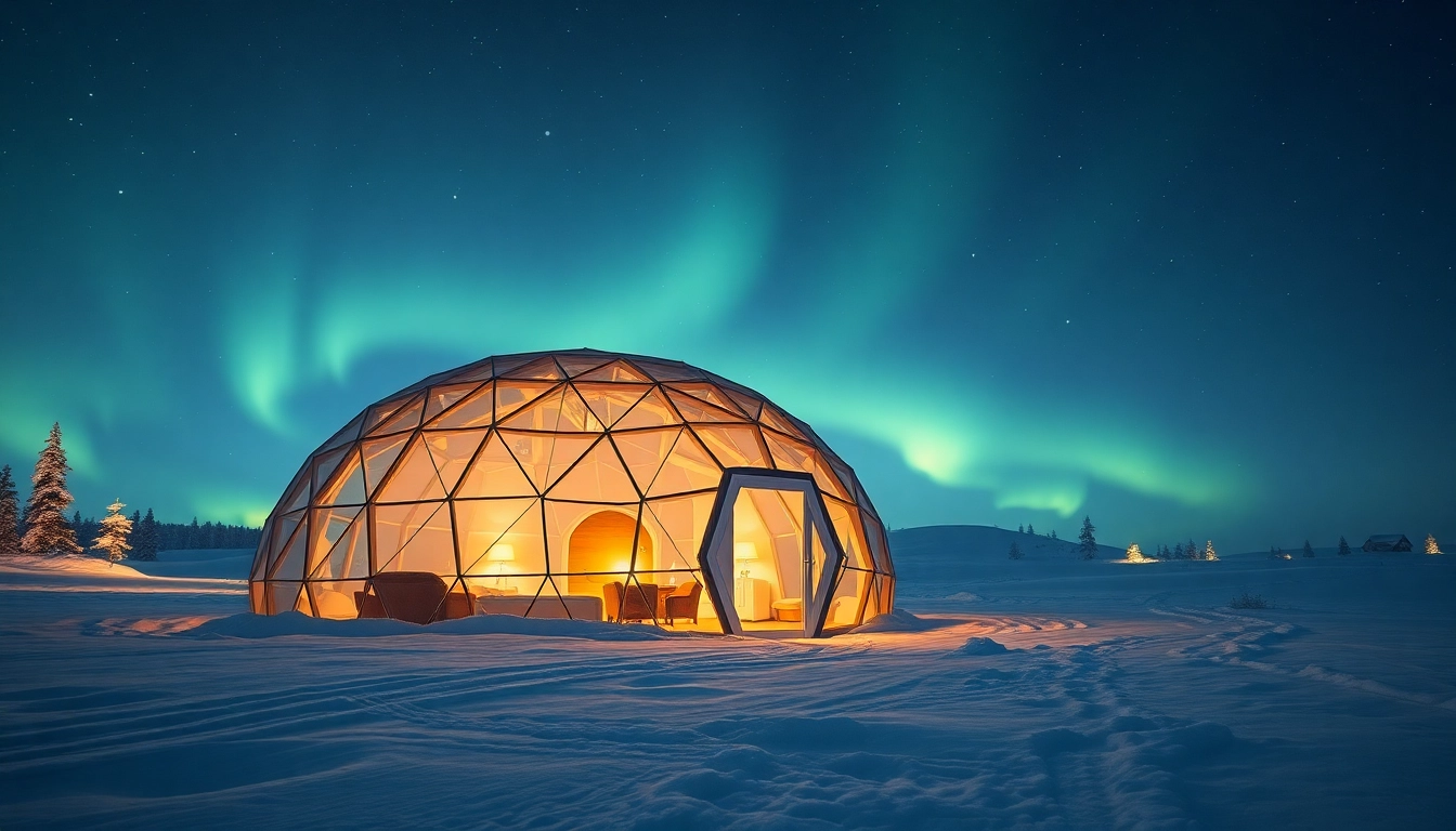 Relaxing stay at an igloo hotel finland with northern lights above.