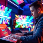Engaging video artist utilizing KlingAI Prompts in a vibrant studio with dynamic graphics