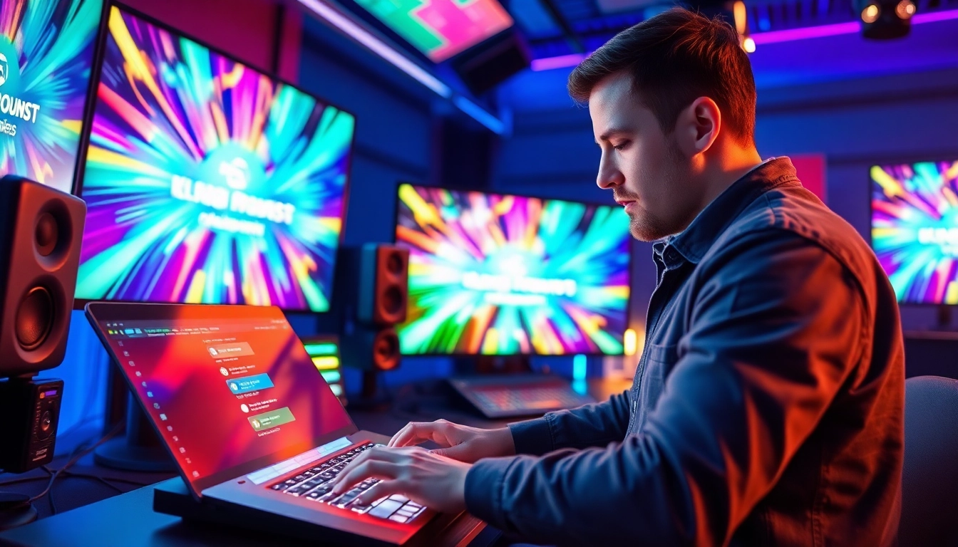 Engaging video artist utilizing KlingAI Prompts in a vibrant studio with dynamic graphics