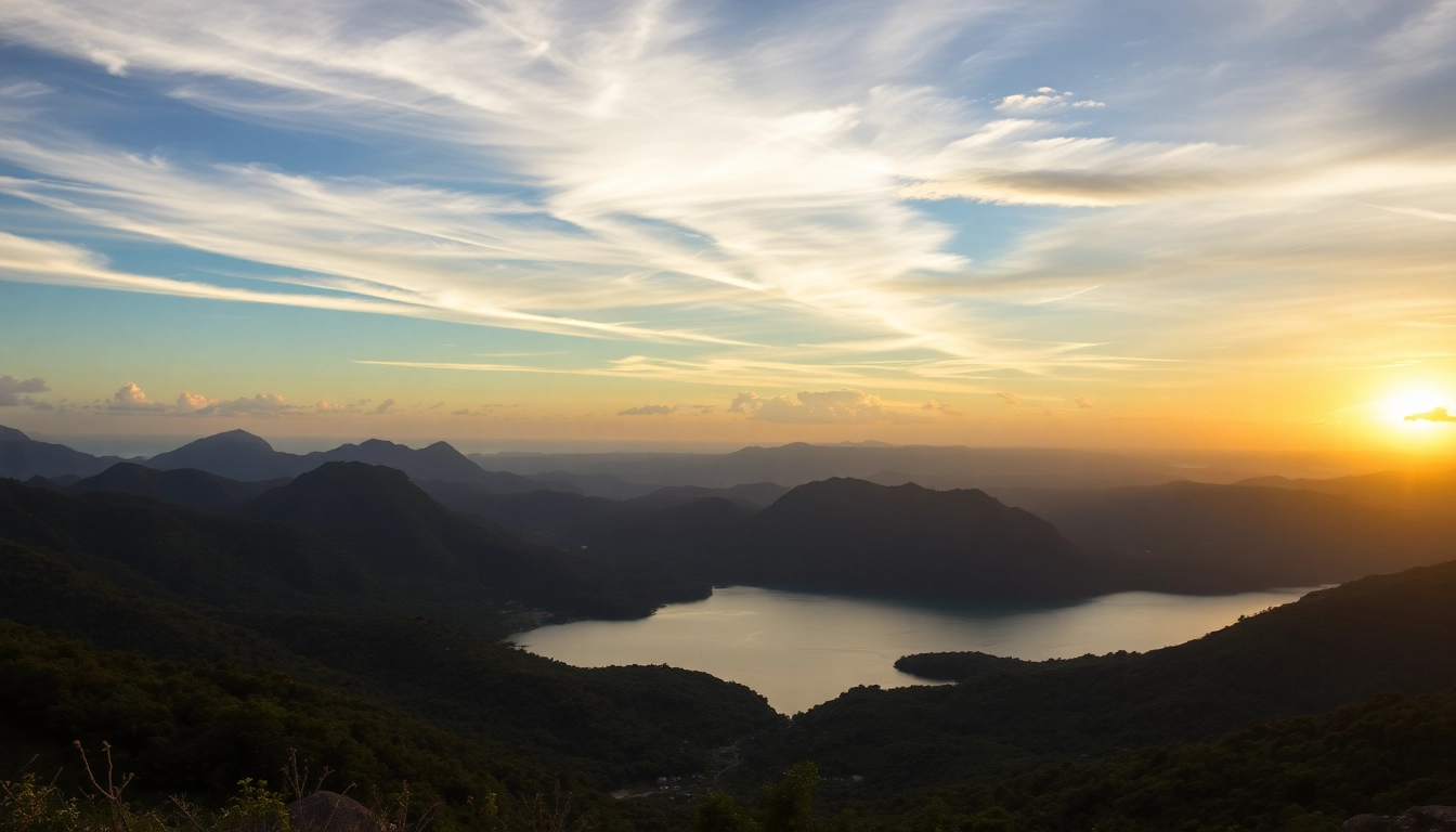 Aprecia la belleza de Aruba Colombia, con paisajes montañosos y lago sereno al atardecer.