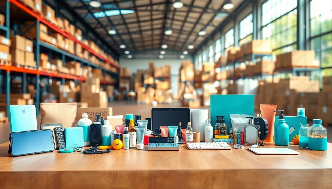 Explore wholesale products to sell on amazon showcasing vibrant electronics and beauty goods in a dynamic setting.