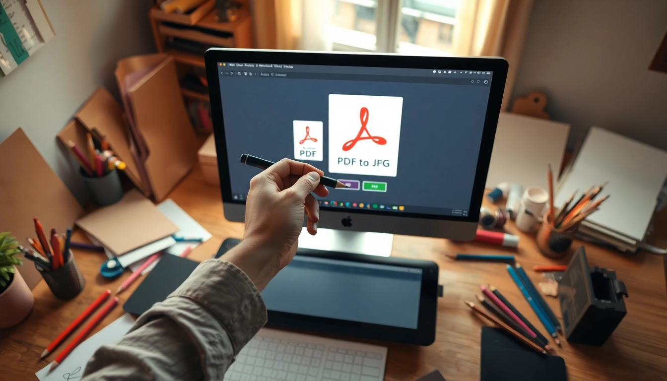 Convert pdf to jpg in a creative workspace with digital art tools and warm lighting.