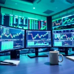Monitor showcasing Forex Signals data with financial charts in a dynamic trading setup.