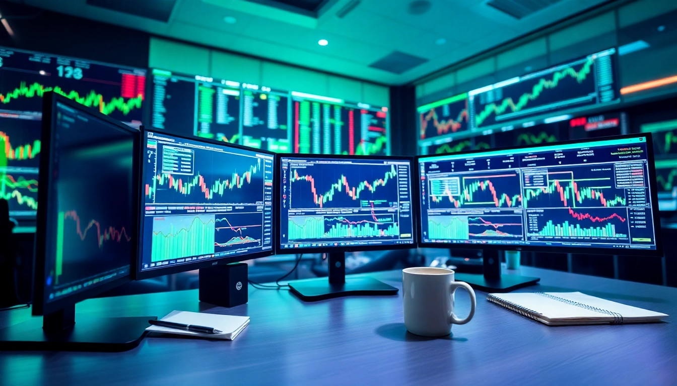 Monitor showcasing Forex Signals data with financial charts in a dynamic trading setup.