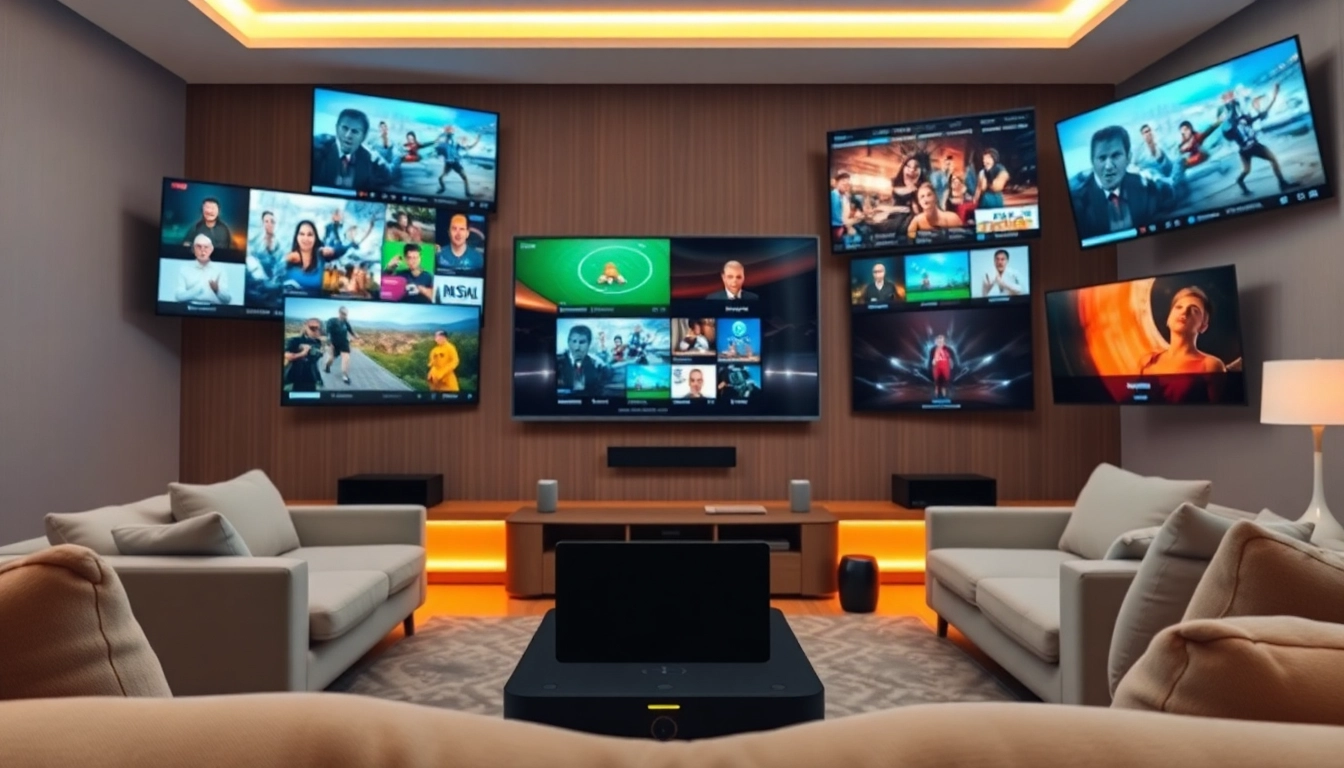 Compra Listas IPTV en una moderna sala de estar con múltiples pantallas mostrando diversos canales.