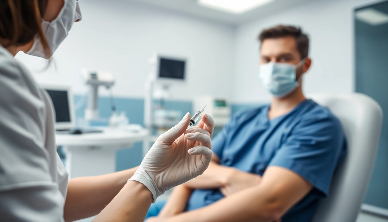 Administering testosterone injections in a professional healthcare setting, emphasizing care and precision.