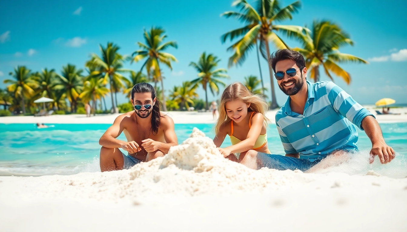Families creating memories during a fun beach vacation with vibrant colors and joyful activities.